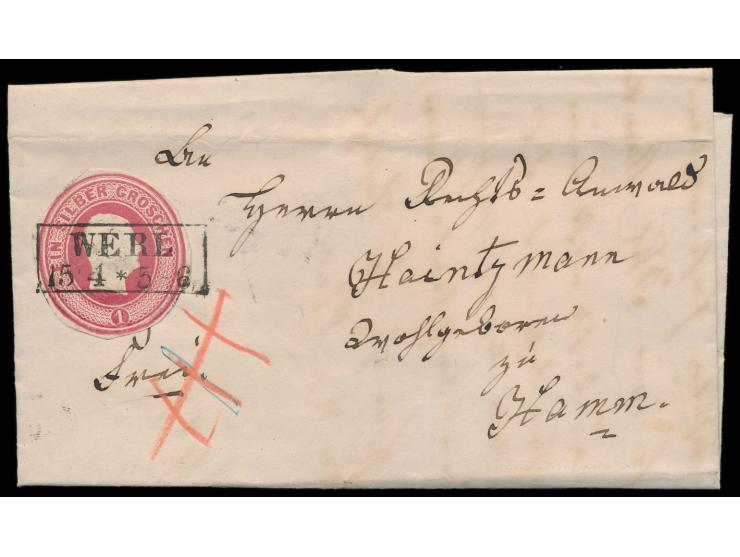 Ganzsachenausschnitt  ohne Seidenfaden (rund geschnitten) auf Faltbrief mit Inhalt, R2  Werl  15.4.(1859), nach Hamm, Ausg.-S