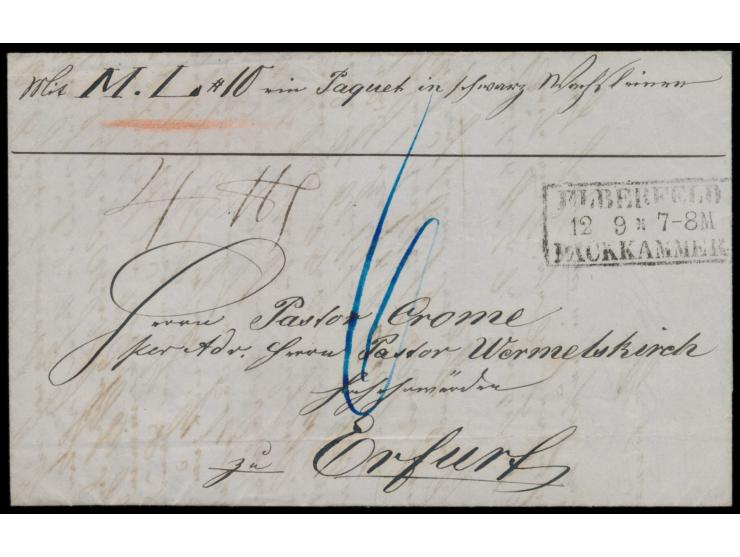 R3 &nbsp;Elberfeld Packkammer &nbsp;12.9.(1859) auf &nbsp;Paketbegleitbrief &nbsp;nach Erfurt, rückseitig Palet-Nummernzettel
