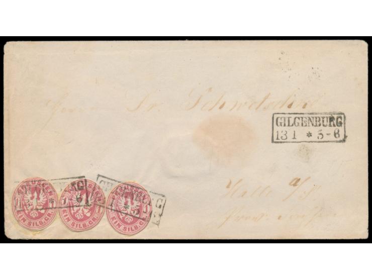 3 x  Ganzsachenausschnitt 1 Sgr.  oval geschnitten (ohne Überdruck) auf Briefumschlag, Stempel  Gilgenburg  13.1., nach Halle