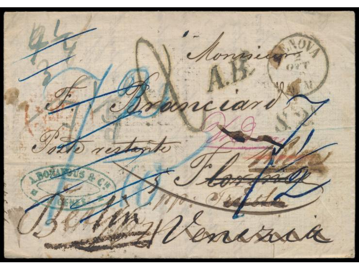 Faltbrief aus Genua 2.10.1862 mehrfach nachgesandt über Florino, Venezia, Triest, Wien und Dresden nach Berlin mit den entspr