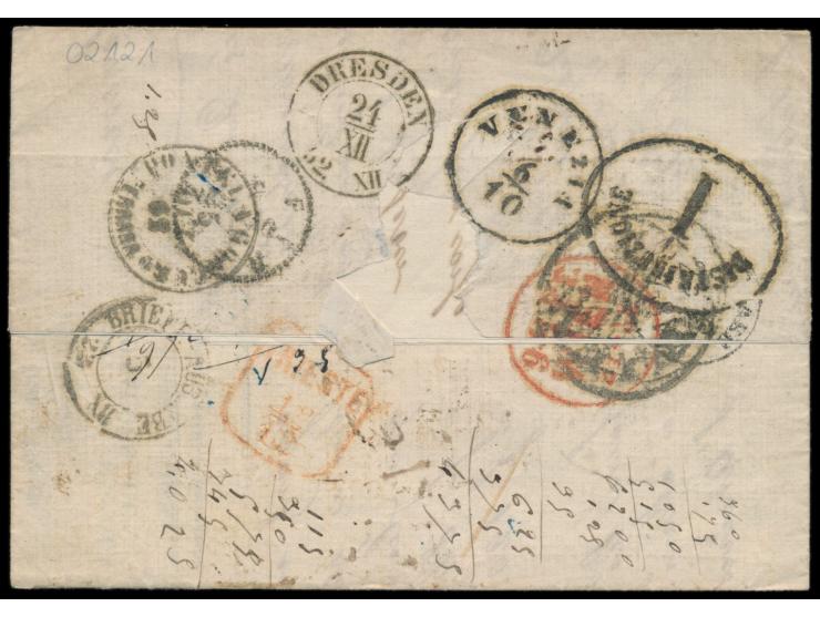 Faltbrief aus Genua 2.10.1862 mehrfach nachgesandt über Florino, Venezia, Triest, Wien und Dresden nach Berlin mit den entspr