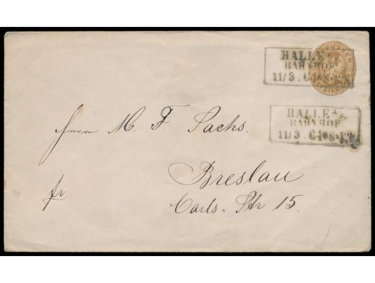 Briefumschlag mit  entlang des Markenbildes geschnittener 3 Sgr.-Marke,  R3  Halle Bahnof  11.3.64, nach Breslau, Ankunftstem