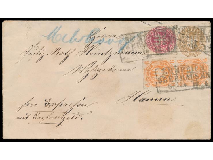 Ganzsachen-Umschlag 3 Sgr. mit Zusatzfrankatur 1 Sgr. Wappen und  2x 6 Pfg. Adler  auf  Eilbrief,  "per Expressen mit Bestell