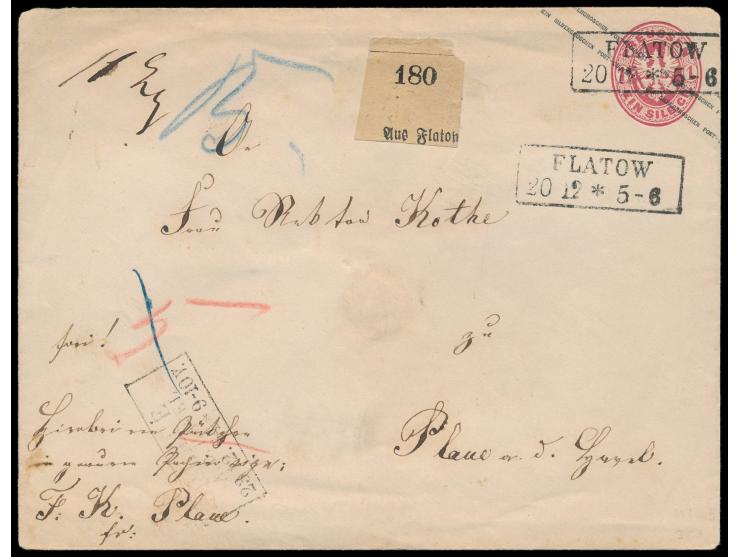 Ganzsache 1 Sgr (Großformat) als Paketbegleitbrief mit R2  Flatow  20.12. nach Plaue a. d. Havel, fehlende Gebühr von 5 Sgr b