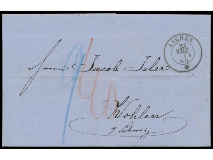 Versuchsstempel   Aachen  23. Mrz. 65  mit einem Stern  unten   (belgische Type) auf unterfrankiertem Faltbrief in die Schwei