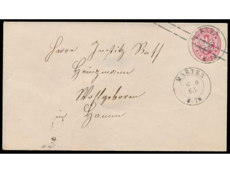 Ganzsache 1 Sgr mit seltenem K2  Marten  6.9.65 nach Hamm, Ankunftstempel 7.9.
Postleitzahl: 533
