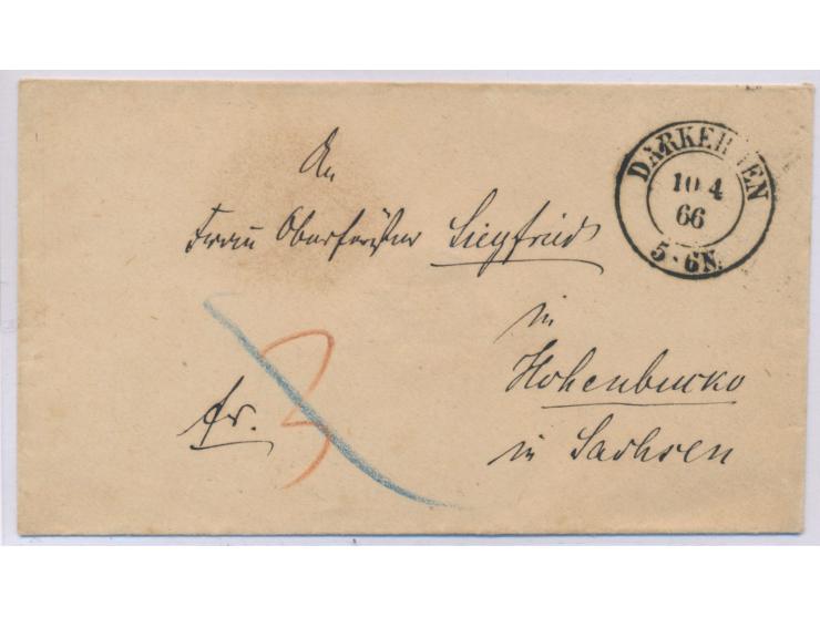 K2  Darkehmen  10.4.66 auf barfrankiertem Brief (Umschlag) nach Hohenbuckow, Ausg.-Stempel 13.4.
Stichwort: RPD Danzig und Kö