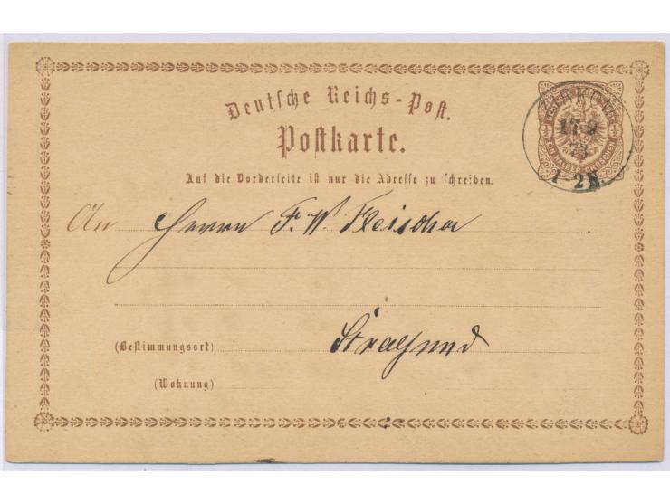 seltener Preußen-K1  Zirkow  17.9.73 als Nachverwendung auf Deutsches Reich-Ganzsache 1/2 Gr nach Stralsund
Stichwort: Deutsc