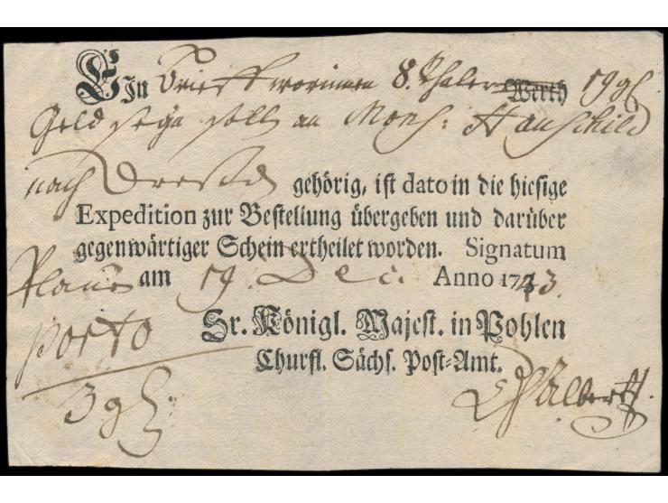 Personalunion Sachsen - Polen: &nbsp;Postschein &quot;Sr. Königl. Majest. in Pohlen Churfl. Sächs. Post-Amt&quot;, &nbsp;Plau