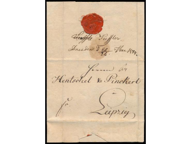 Faltbrief mit komplettem Inhalt aus &nbsp;Dresden &nbsp;vom 25.8.1814 nach Leipzig, rückseitig gut erhaltenes &nbsp;Lacksiege
