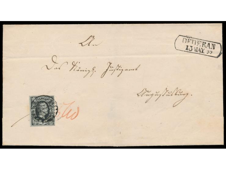 1/2 Ngr. Friedrich August auf mattgrünlichgrau (vollrandig) als Einzelfrankatur auf Faltbriefhülle nach Augustusburg, Vollgit