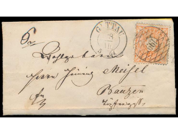 1/2 Ngr auf Faltbriefhülle, entwertet mit seltenem  Nummernstempel 199 , daneben K2  Guttau  28.7.64, nach Bautzen, Ausgabe-S