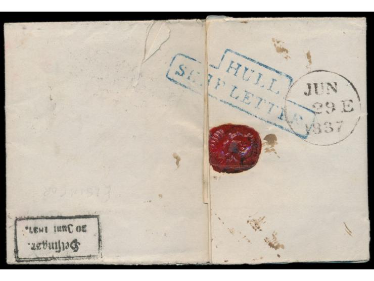 Faltbrief aus Helsingör nach Aberdeen, rückseitig R2  Helsingör / 20. Juni 1837,  vorderseitig Ovalstempel  Altona Schiffs-Br