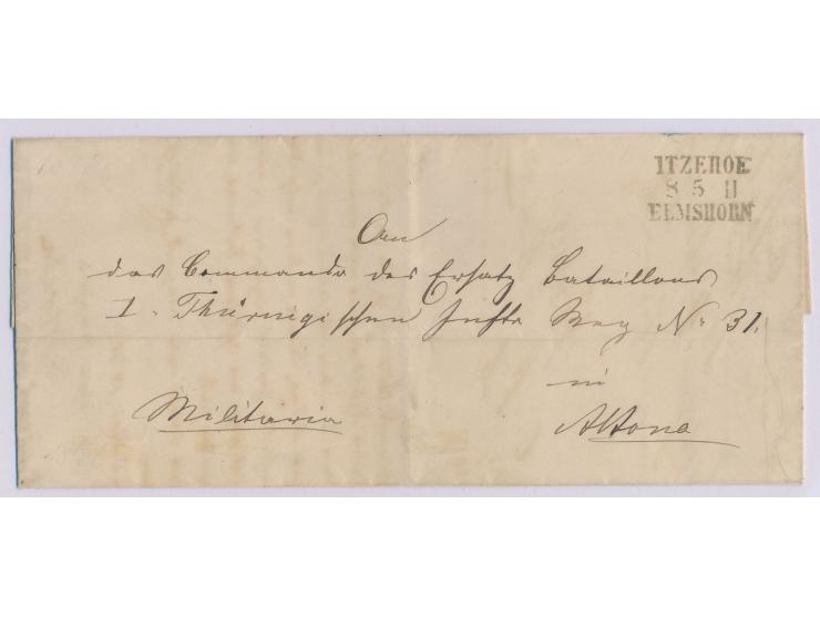 Bahnpost-L3  Itzehoe - Elmshorn  8.5.(1871) II auf Militaria-Faltbriefhülle aus Glückstadt nach Altona
Stichwörter: Bahnpost,