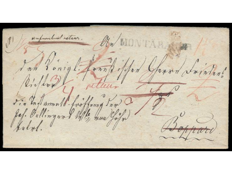 Vorphila-Faltbriefhülle mit L1 Montabauer nach Boppard, Durchgangsstempel Coblenz 27.2., Ankunftsstempel Boppard 28.2., hands