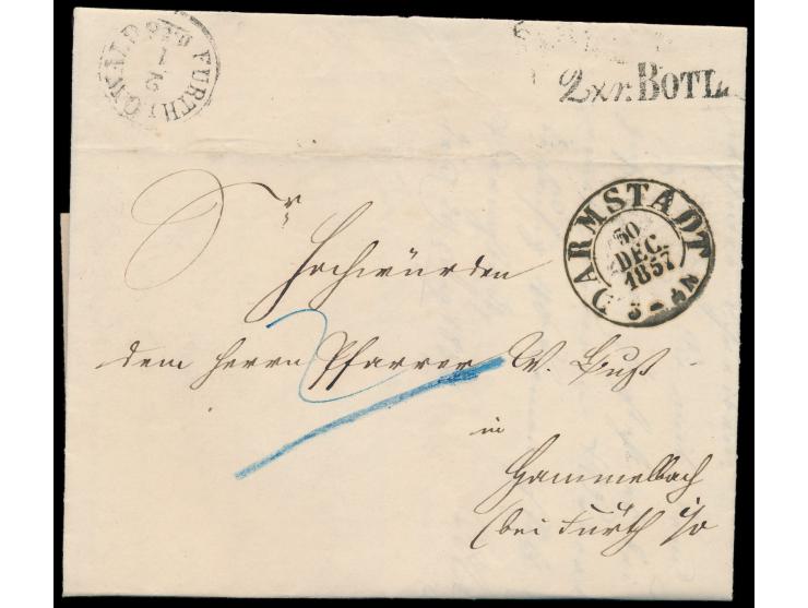 Faltbrief mit K2  Darmstadt  30.12.1857 nach Hammelbach bei Fürth im Odenwald, blauer Portovermerk 2 Kr., Ankunftstempel Furt