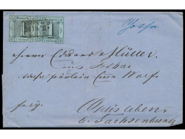 2 x 1 Sgr (Schnittmängel) mit preußischem &nbsp;Bahnpoststempel Eisenach - Halle &nbsp;24.9.(1859) II und handschriftliche St
