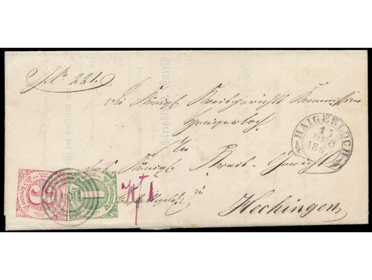1 Kr. grün (Ausgabe 1859) mit 3 Kr. rot (Ausgabe 1862) mit  Nummernstempel 304  und Stempel  Haigerloch  15.12.1863 auf Faltb