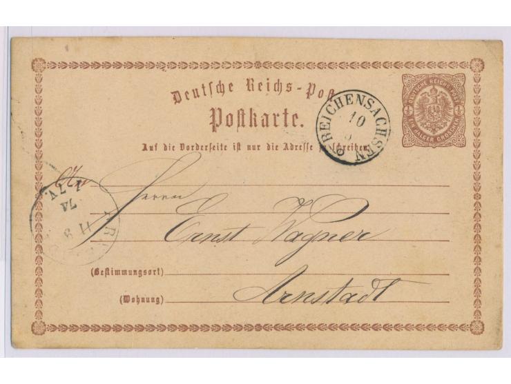 seltener Thurn- und Taxis-K1  Reichensachsen  10.9.(1874) auf Ganzsache 1 Gr. nach Arnstadt, Ankunftstempel 11.9.74
Postleitz