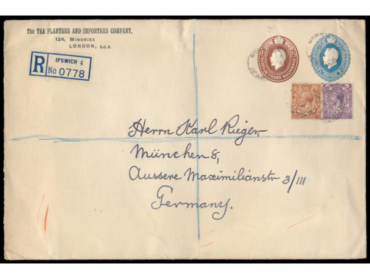 Privat-Ganzsachenumschlag "Tea Planters and Importers Company" mit zwei Wertstempel King George V. 2 1/2 d. blau und 1 1/2 d.