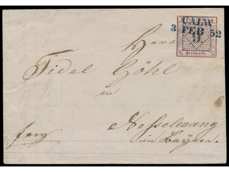 1. Ausgabe  9 Kr. (vollrandig) mit blauem L2  Calw / 3. Feb. 52  auf Faltbrief nach Nesselwang / Bayern, mit komplettem Inhal