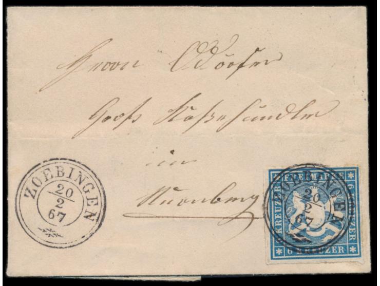 6 Kr. mit Durchstich auf Faltbriefhülle nach Nürnberg, 2 x besserer Dreikreisstempel  Zoebingen  20.2.67, Ankunftstempel 20.2
