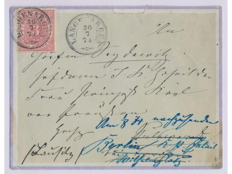 3 Kr. (1869) auf kleinem blassgrünem Umschlag mit violettem Zierrand, 2 x Doppelkreisstempel  Langenargen  30.7.71, nach Luga