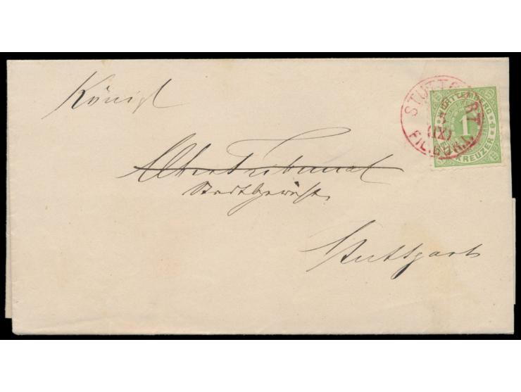 1 Kr. auf Faltdrucksache mit Stempel &nbsp;Stuttgart Fil. Bur. I. &nbsp;6.5. &nbsp;in rot, ohne Inhalt
Postleitzahl: 700
