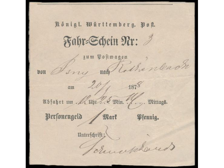 Fahr-Schein  Nr: 3 zum Postwagen von Jsny nach Röthenbach am 20.4.1878, Personengeld 1 Mark, rückseitig Vordruck "Gepäckschei