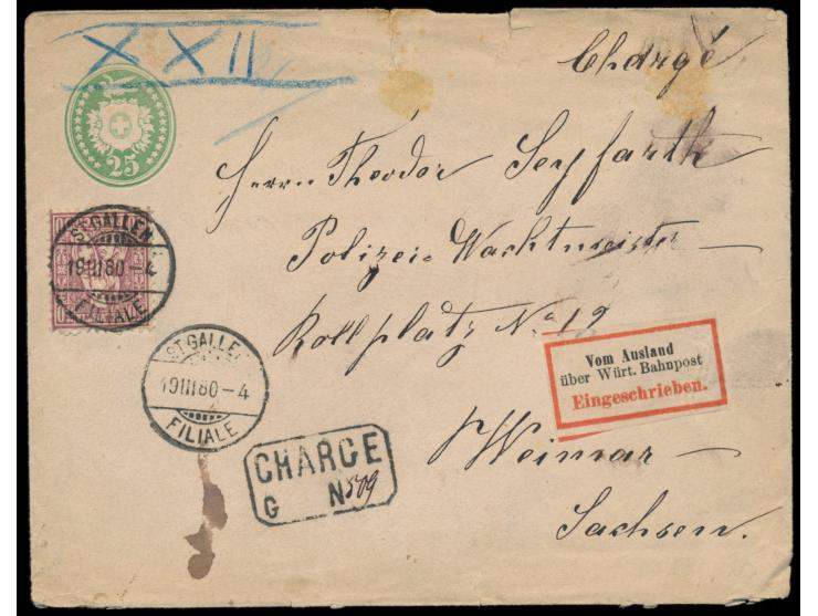 Schweiz-Ganzsachenumschlag  25 Rp. Tübli grün mit 50 Rp. Sitzende Helvetia als Einschreiben nach Deutschland, Stempel  St. Ga