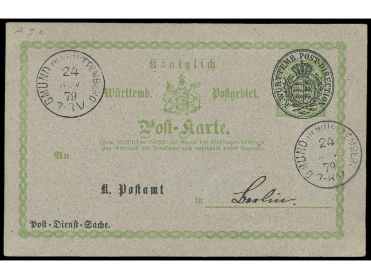1-Kr.- Ganzsache mit Überdruck als  Post-Dienst-Sache  verwendet, Stempel Gmünd 24.11.79,  Zeitungsfehlmeldung  nach Berlin
P