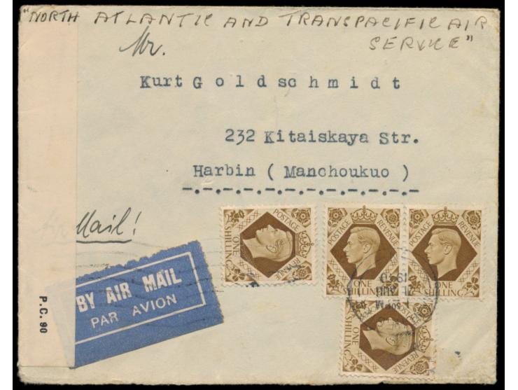 2 x 1 Sh. auf &nbsp;Luftpostbrief nach Harbin (Manschoukuo), &nbsp;Leitvermerk &quot;Northatlantic and Transpacific Clipper S
