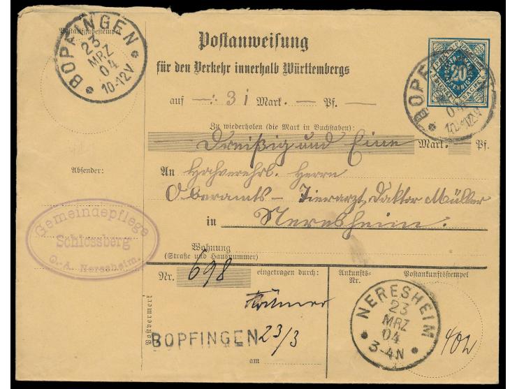 Postanweisungs-Dienstumschlag 20 Pf.  für einen Betrag von 31 Mark, Stempel Bopfingen 23.3.04, Ankunftstempel Neresheim 23.3.