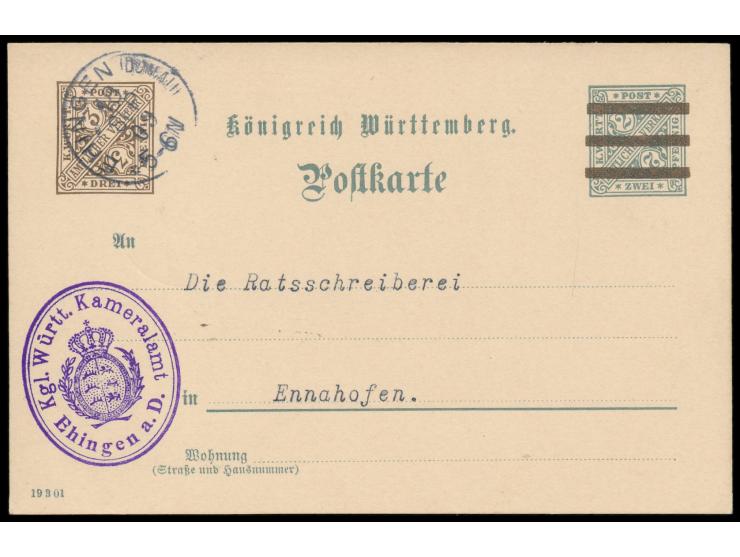 Dienst-Ganzsache 3 Pf. auf 2 Pf. (Druckvermerk 19 3 01), hektografierter Textzudruck des Kameralamt Ehingen, violettes Dienst
