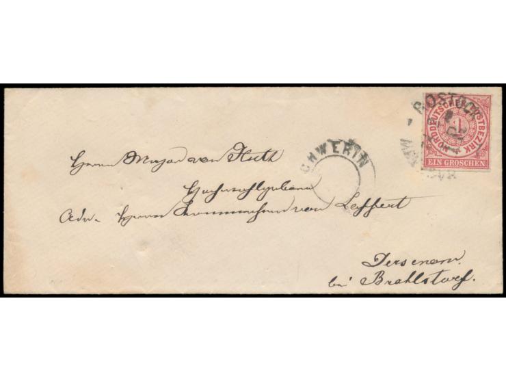 Bahnpoststempel  Hagenow - Rostock  24.2.(1868) I R (nachverwendeter Mecklenburg-Schwerin-Stempel) und K2  Schwerin  ohne Dat