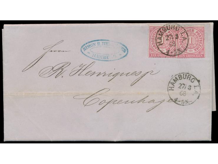 2 x 1 Gr auf Faltbrief mit Stempel  Hamburg I. A.  27.3.68 nach Kopenhagen, Ankunftstempel 28.3.68, mit komplettem Inhalt, un