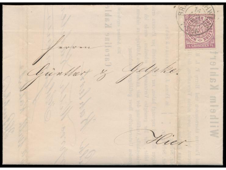 Einzelfrankatur 1/4 Gr auf  Ortsbrief  in  Braunschweig  mit weiterverwendetem Zweikreisstempel 14.4.1868, mit komplettem Inh