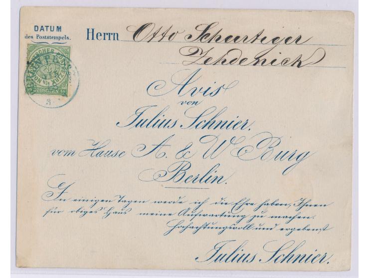 1/3 Gr (rechts unten kleiner Stockfleck) auf  Drucksachenkarte  (Vertreter-Avis), blauer Stempel  Berlin P.E. No. 25  9.5.68,