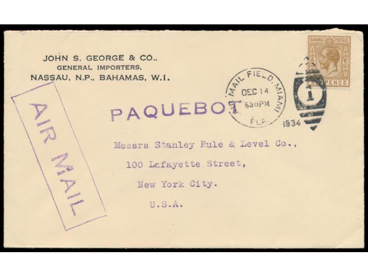 Bahamas,  1903 - 1936: 4 Briefe mit Bahamas-Frankatur nach USA, alle mit Maschinenstempel  Miami, Fla.  und L1  Paquebot,  ve