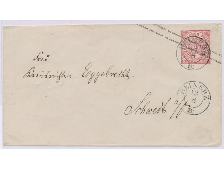 Preußen-K2  Reinerz B:  13.8. (Reinerz Bad, Saison-Postamt), zwei Abschläge auf Ganzsache 1 Gr. nach Schwedt, Ausg.-Stempel 1