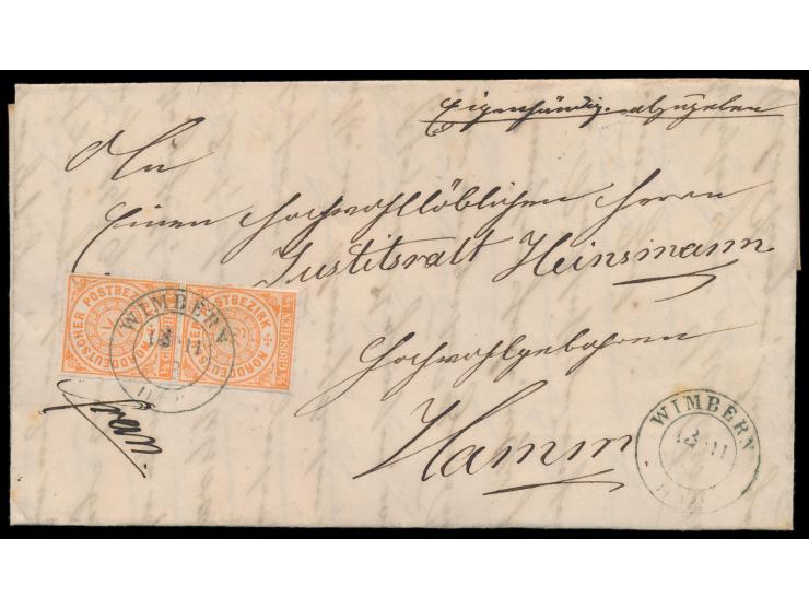 senkrechtes Paar 1/2 Gr auf Faltbrief, seltener Preußen-K2  Wimbern  13.11.68, nach Hamm, Ankunftstempel 14.11., mit Inhalt
S