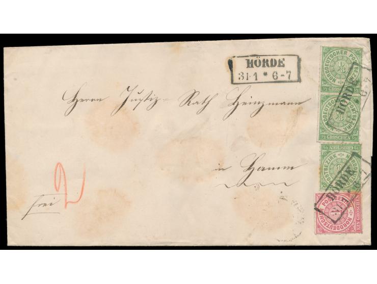 senkrechtes Paar und Einzelmarke 1/3 Gr und 1 Gr. auf Faltbriefhülle 2. Gewicht nach Hamm, Preußen-R2  Hörde  31.1.(69), Anku