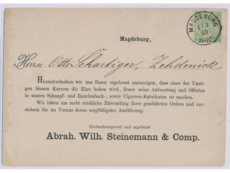 1/3 Gr auf  Drucksachenkarte  (Vertreter-Avis) der Tabakhandlung Abrah. Wilh. Steinemann &amp; Comp., Stempel  Magdeburg  1.3