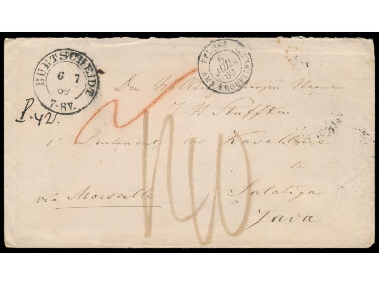 Brief (Umschlag) mit Stempel  Burtscheidt  6.7.69  nach Java,  handschriftlicher Vermerk  "P.42",  blauer Grenzübergangsstemp