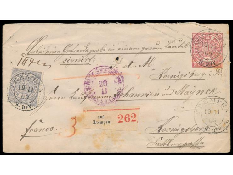 Ganzsache 1 Gr. mit Zusatzfrankatur 2 Gr. als &nbsp;Paketbegleitbrief &nbsp;mit seltenem Preußen-K2 &nbsp;Trempen &nbsp;10.11