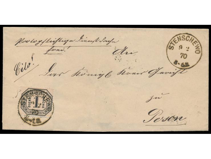 seltener Preußen-K1  Stenschewo  9.2.70 auf Faltbriefhülle mit  Dienstmarke  1 Gr nach Posen. Ankunftstempel 9.2.70
Stichwort