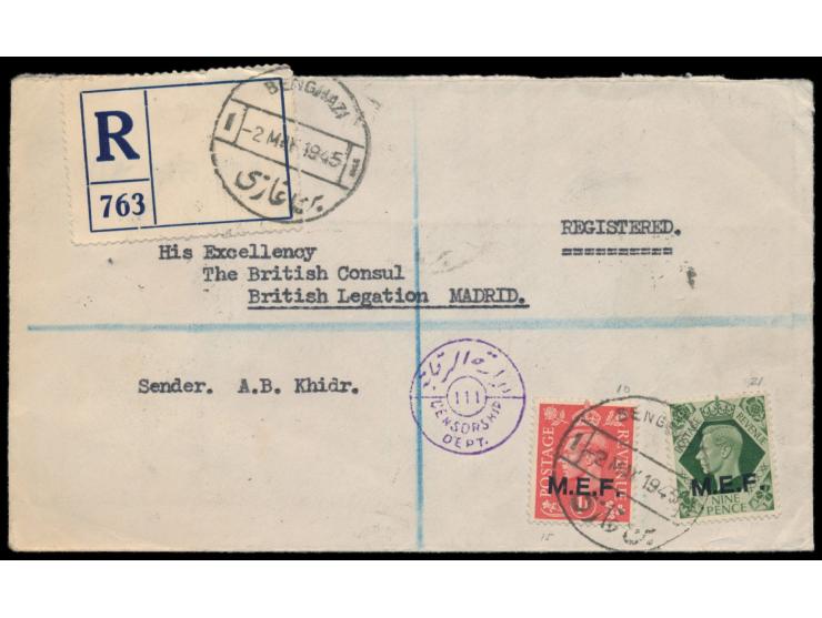 BOFIC (M.E.F.):  1 d. und 9 d. auf  Einschreibbrief  mit zweisprachigem Stempel  Benghazi  2.5.45, gleicher Stempel auch auf 