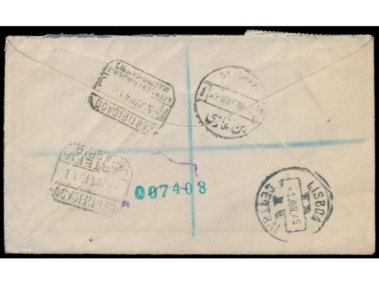 BOFIC (M.E.F.):  1 d. und 9 d. auf  Einschreibbrief  mit zweisprachigem Stempel  Benghazi  2.5.45, gleicher Stempel auch auf 