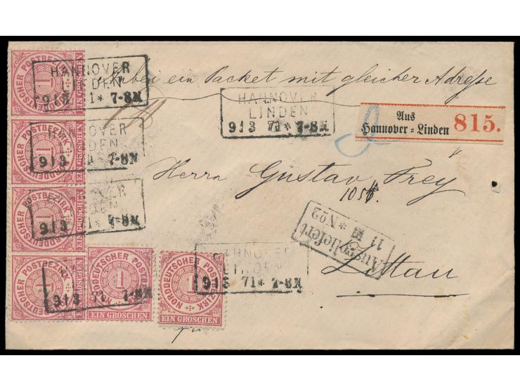 6 x 1 Gr (waagerechter Viererstreifen und zwei Einzelmarken) auf  Paketbegleitbrief  mit NDP-R3  Hannover-Linden  9.3.71 nach