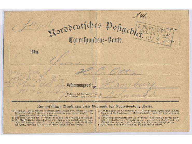 R3  K. Pr. Feldpost Relais No. 25  19.3.(1871) auf Feldpost-Vordruckkarte aus  Reims  nach Hamburg, rückseitig Ankunftstempel